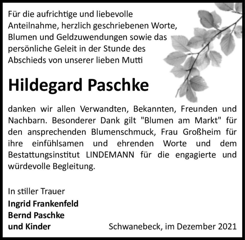  Traueranzeige für Hildegard Paschke  vom 31.12.2021 aus Magdeburger Volksstimme