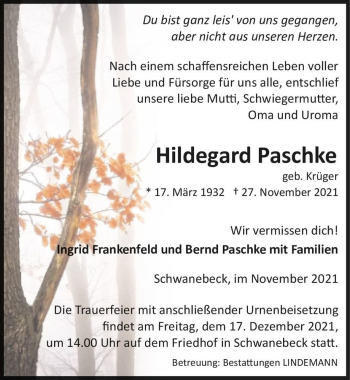 Traueranzeige von Hildegard Paschke (geb. Krüger)  von Magdeburger Volksstimme