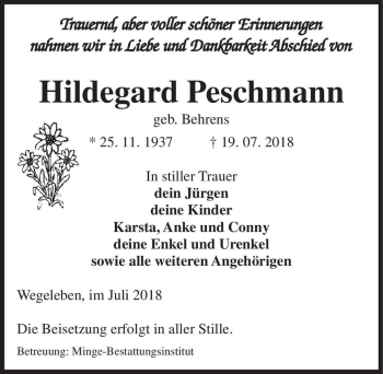 Traueranzeige von Hildegard Peschmann (geb. Behrens)  von Magdeburger Volksstimme