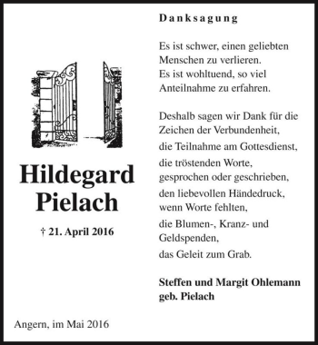 Traueranzeige von Hildegard Pielach  von Magdeburger Volksstimme