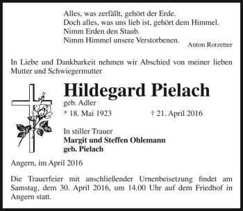Traueranzeige von Hildegard Pielach (geb. Adler)  von Magdeburger Volksstimme