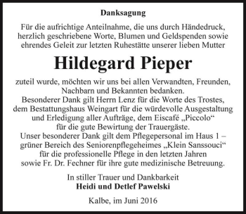 Traueranzeige von Hildegard Pieper  von Magdeburger Volksstimme
