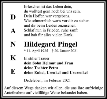 Traueranzeige von Hildegard Pingel  von Magdeburger Volksstimme
