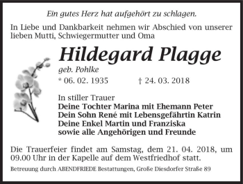 Traueranzeige von Hildegard Plagge (geb. Pohlke)  von Magdeburger Volksstimme