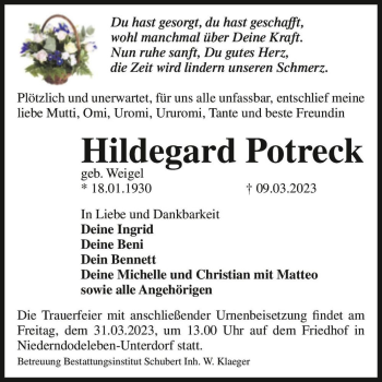 Traueranzeige von Hildegard Potreck (geb. Weigel)  von Magdeburger Volksstimme