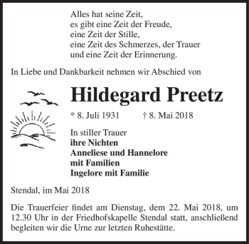 Traueranzeige von Hildegard Preetz  von Magdeburger Volksstimme