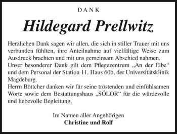 Traueranzeige von Hildegard Prellwitz  von Magdeburger Volksstimme