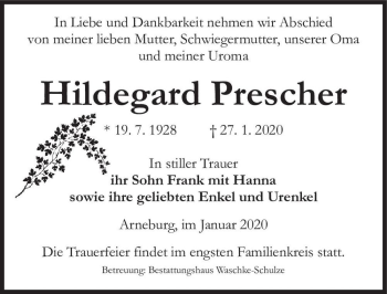 Traueranzeige von Hildegard Prescher  von Magdeburger Volksstimme