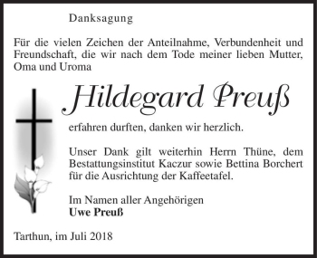 Traueranzeige von Hildegard Preuß  von Magdeburger Volksstimme