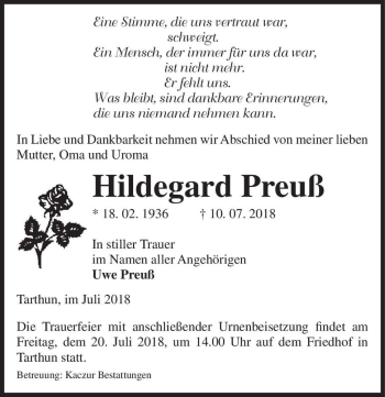 Traueranzeige von Hildegard Preuß  von Magdeburger Volksstimme