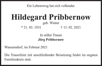 Traueranzeige von Hildegard Pribbernow (geb. Winter)  von Magdeburger Volksstimme