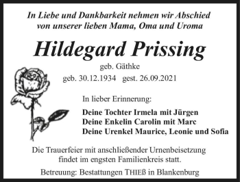 Traueranzeige von Hildegard Prissing (geb. Gäthke)  von Magdeburger Volksstimme