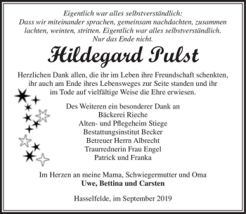 Traueranzeige von Hildegard Pulst  von Magdeburger Volksstimme