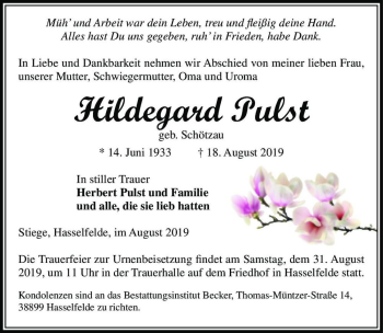 Traueranzeige von Hildegard Pulst (geb. Schötzau)  von Magdeburger Volksstimme