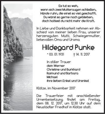 Traueranzeige von Hildegard Punke  von Magdeburger Volksstimme