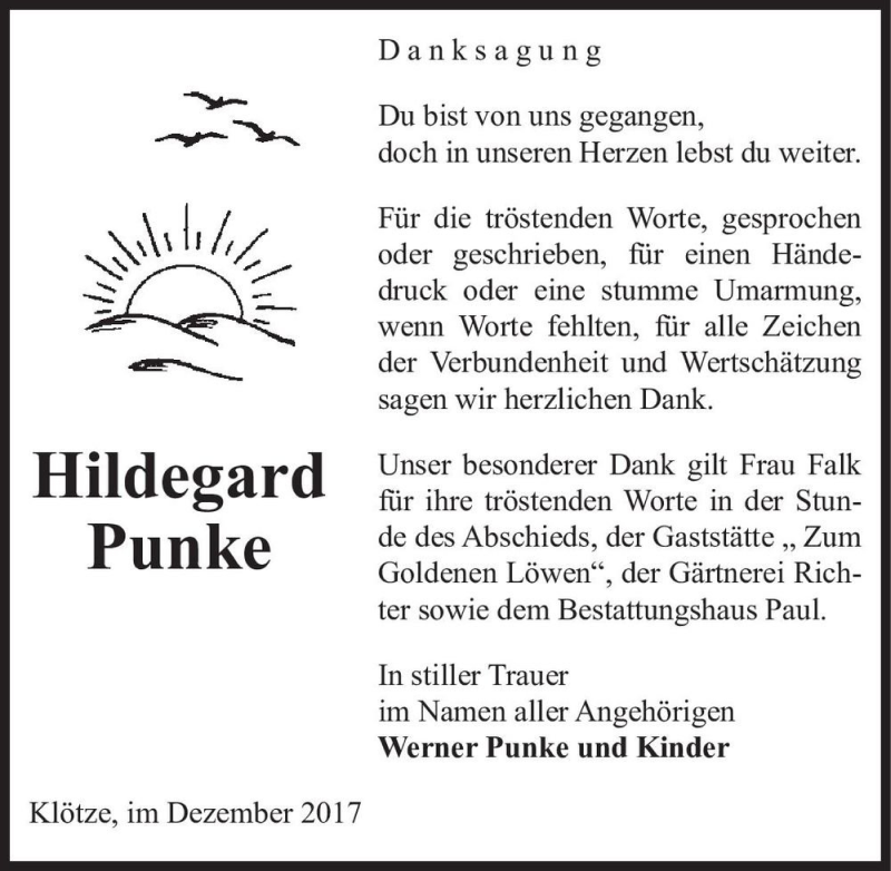  Traueranzeige für Hildegard Punke  vom 22.12.2017 aus Magdeburger Volksstimme