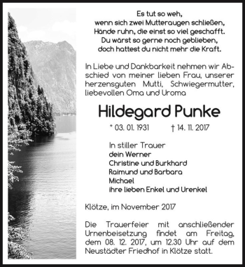 Traueranzeige von Hildegard Punke  von Magdeburger Volksstimme