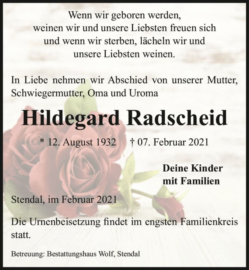  Traueranzeige für Hildegard Radscheid  vom 13.02.2021 aus Magdeburger Volksstimme