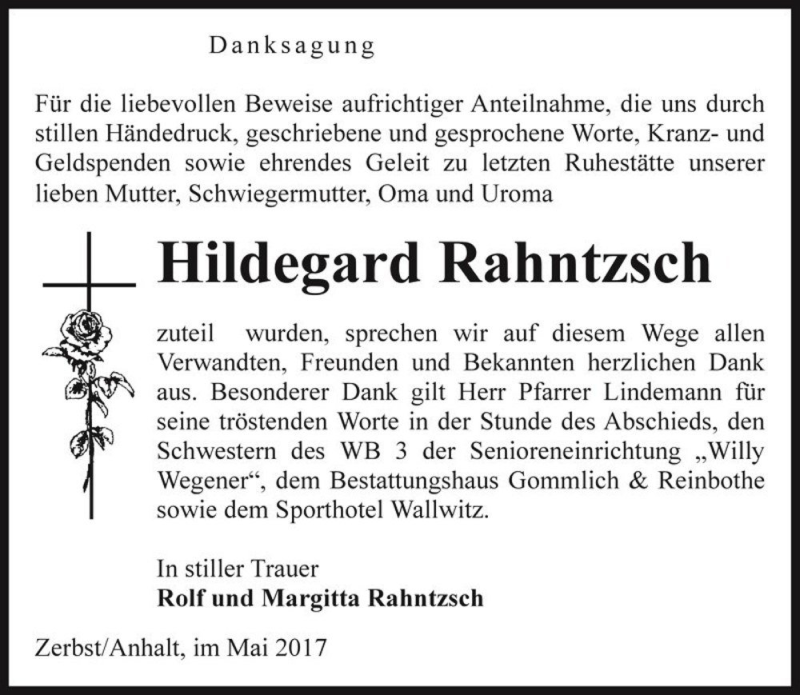  Traueranzeige für Hildegard Rahntzsch  vom 20.05.2017 aus Magdeburger Volksstimme