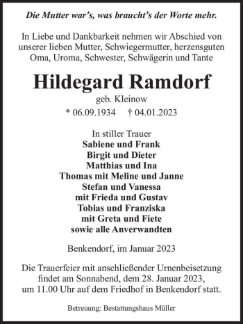 Traueranzeige von Hildegard Ramdorf (geb. Kleinow)  von Magdeburger Volksstimme