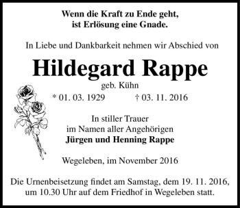 Traueranzeige von Hildegard Rappe (geb. Kühn)  von Magdeburger Volksstimme