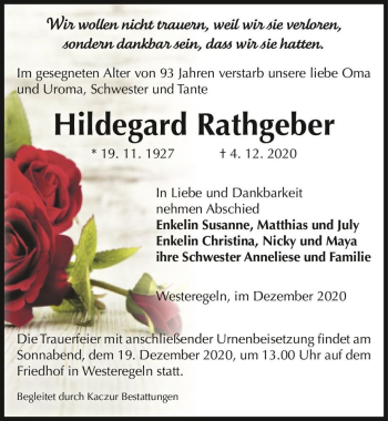 Traueranzeige von Hildegard Rathgeber  von Magdeburger Volksstimme
