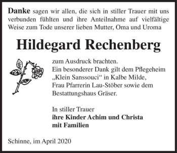 Traueranzeige von Hildegard Rechenberg  von Magdeburger Volksstimme