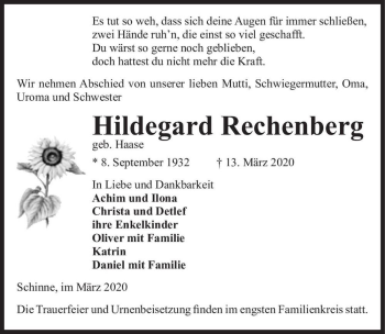 Traueranzeige von Hildegard Rechenberg (geb. Haase)  von Magdeburger Volksstimme