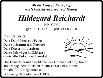 Traueranzeige von Hildegard Reichardt (geb. Meyer)  von Magdeburger Volksstimme