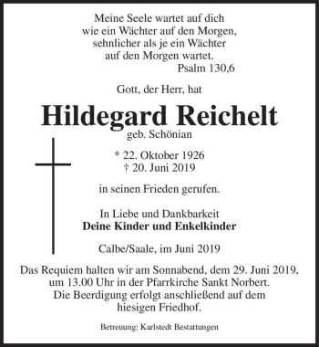 Traueranzeige von Hildegard Reichelt (geb. Schönian)  von Magdeburger Volksstimme