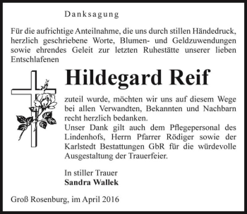 Traueranzeige von Hildegard Reif  von Magdeburger Volksstimme