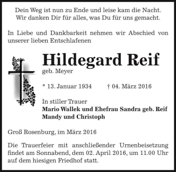 Traueranzeige von Hildegard Reif (geb. Meyer)  von Magdeburger Volksstimme