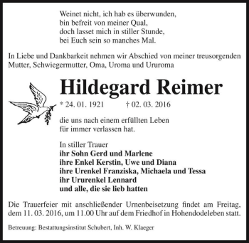 Traueranzeige von Hildegard Reimer  von Magdeburger Volksstimme