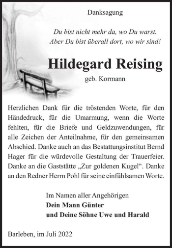 Traueranzeige von Hildegard Reising (geb. Kormann)  von Magdeburger Volksstimme