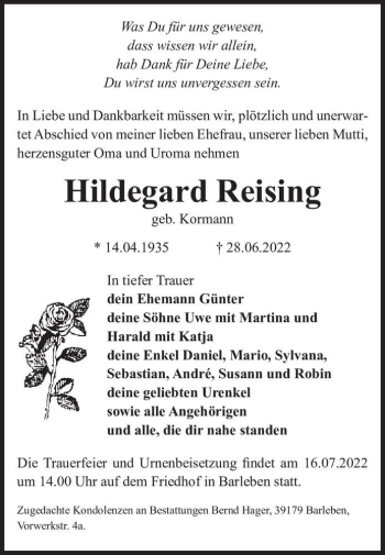 Traueranzeige von Hildegard Reising (geb. Kormann)  von Magdeburger Volksstimme