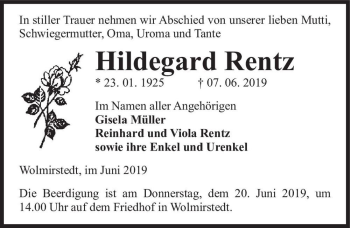 Traueranzeige von Hildegard Rentz  von Magdeburger Volksstimme