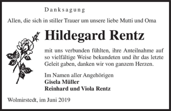 Traueranzeige von Hildegard Rentz  von Magdeburger Volksstimme