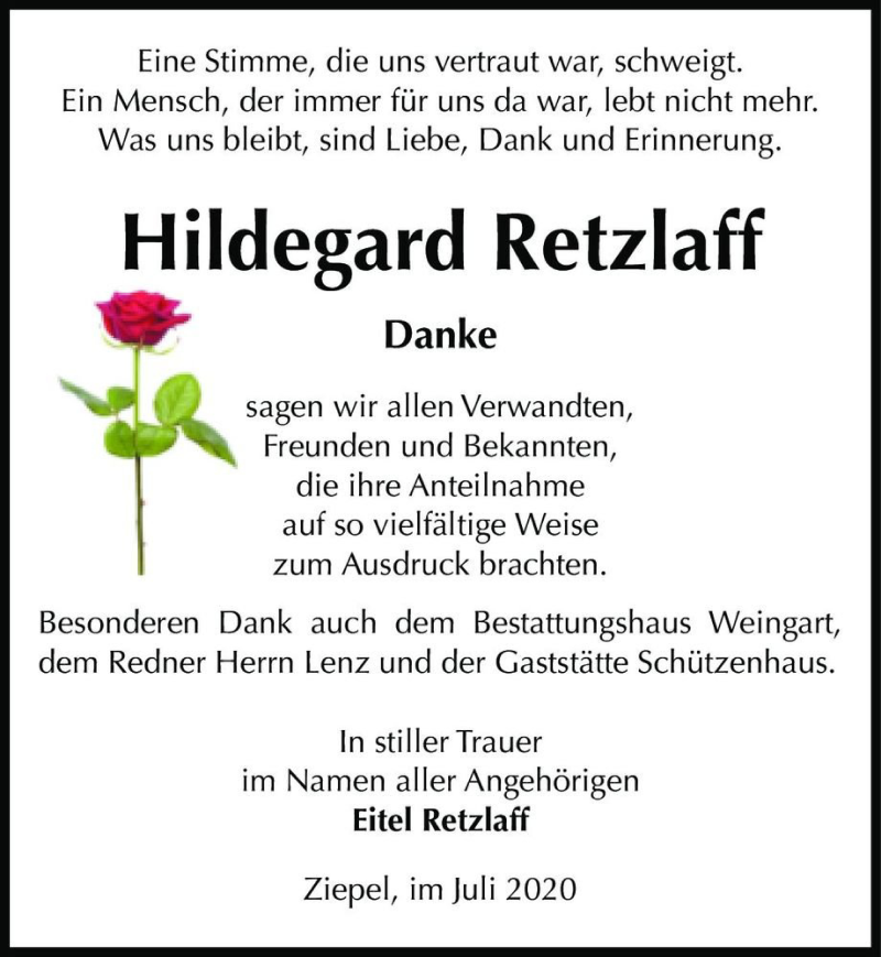  Traueranzeige für Hildegard Retzlaff  vom 10.07.2020 aus Magdeburger Volksstimme