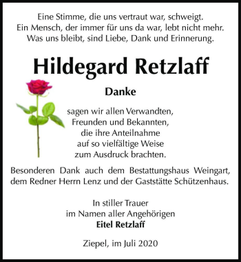 Traueranzeige von Hildegard Retzlaff  von Magdeburger Volksstimme