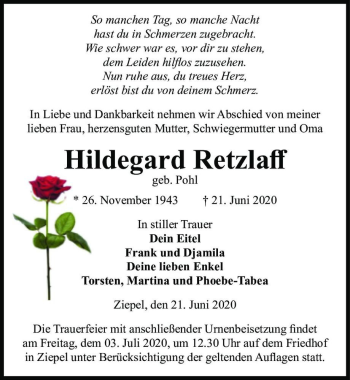 Traueranzeige von Hildegard Retzlaff (geb. Pohl)  von Magdeburger Volksstimme