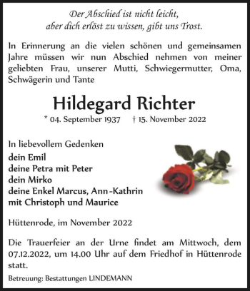 Traueranzeige von Hildegard Richter  von Magdeburger Volksstimme