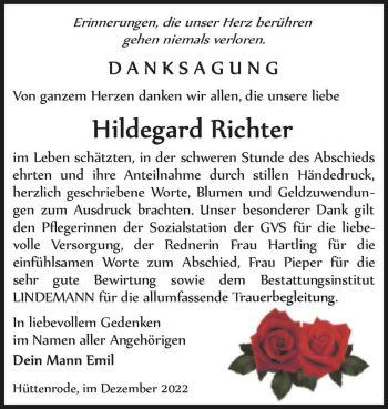 Traueranzeige von Hildegard Richter  von Magdeburger Volksstimme