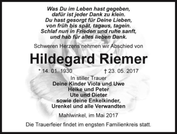 Traueranzeige von Hildegard Riemer  von Magdeburger Volksstimme