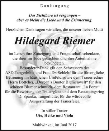 Traueranzeige von Hildegard Riemer  von Magdeburger Volksstimme