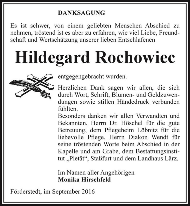  Traueranzeige für Hildegard Rochowiec  vom 24.09.2016 aus Magdeburger Volksstimme