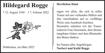 Traueranzeige von Hildegard Rogge  von Magdeburger Volksstimme