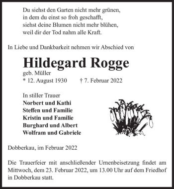 Traueranzeige von Hildegard Rogge (geb. Müller)  von Magdeburger Volksstimme