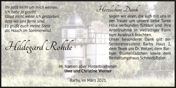 Traueranzeige von Hildegard Rohde  von Magdeburger Volksstimme