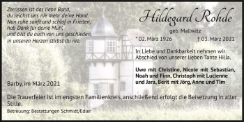 Traueranzeige von Hildegard Rohde (geb. Mallwitz)  von Magdeburger Volksstimme