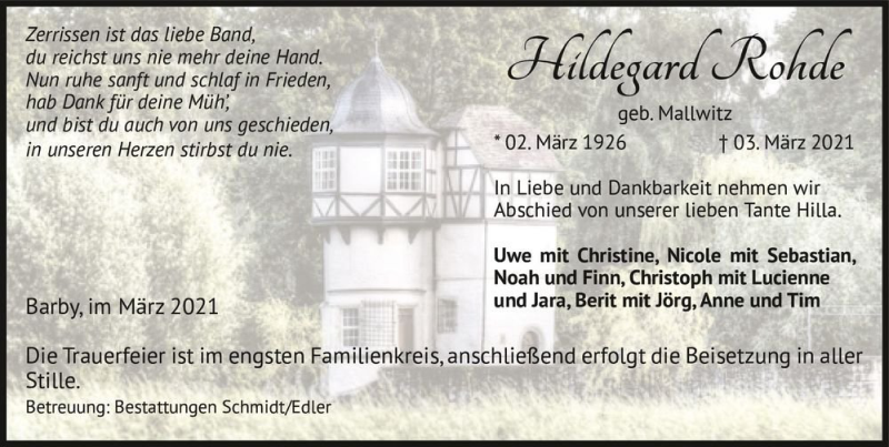  Traueranzeige für Hildegard Rohde (geb. Mallwitz)  vom 06.03.2021 aus Magdeburger Volksstimme